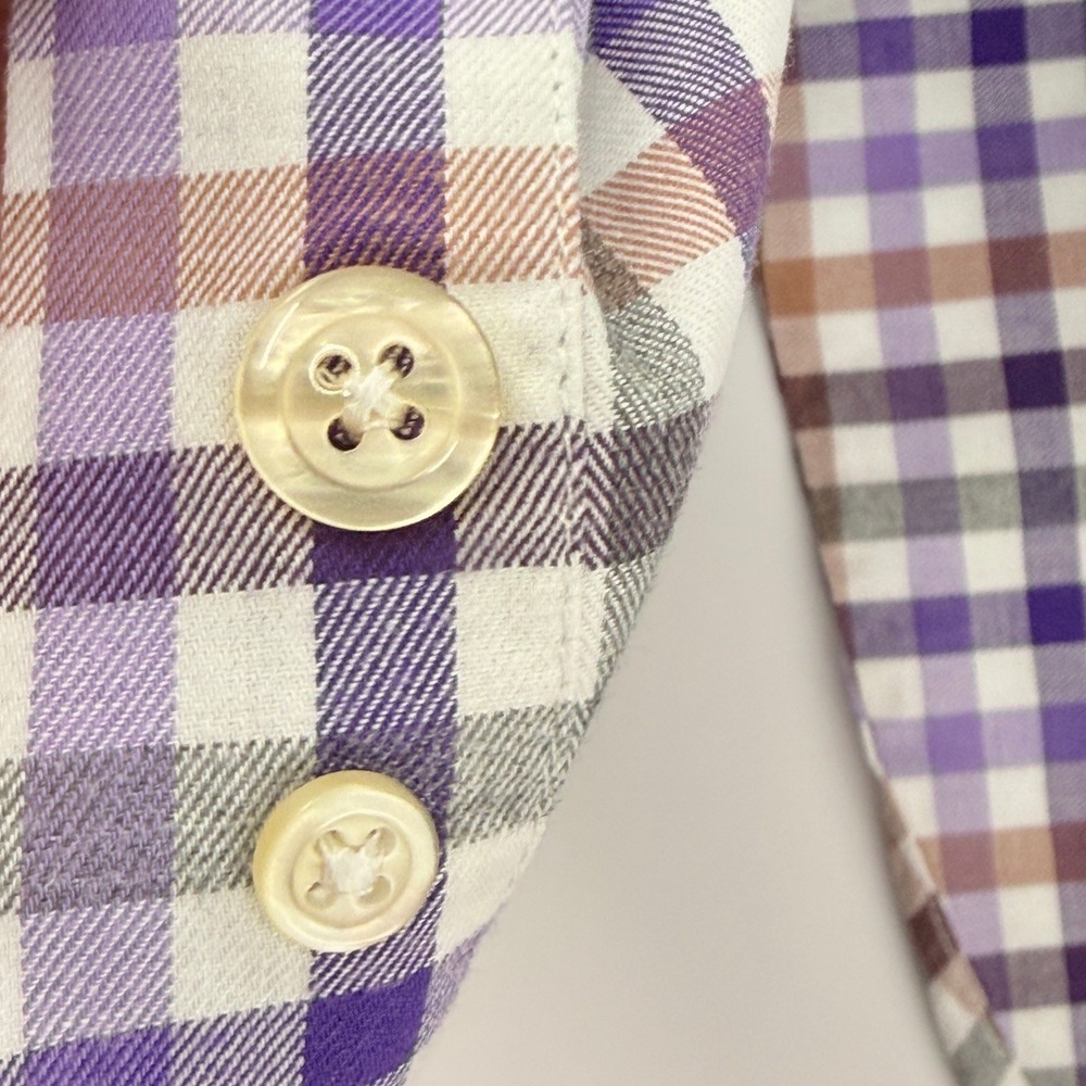 Orvis Country Twill Plaid Button Down Shirt Mens Large Purple Tan Made Portugal - Picture 15 of 16